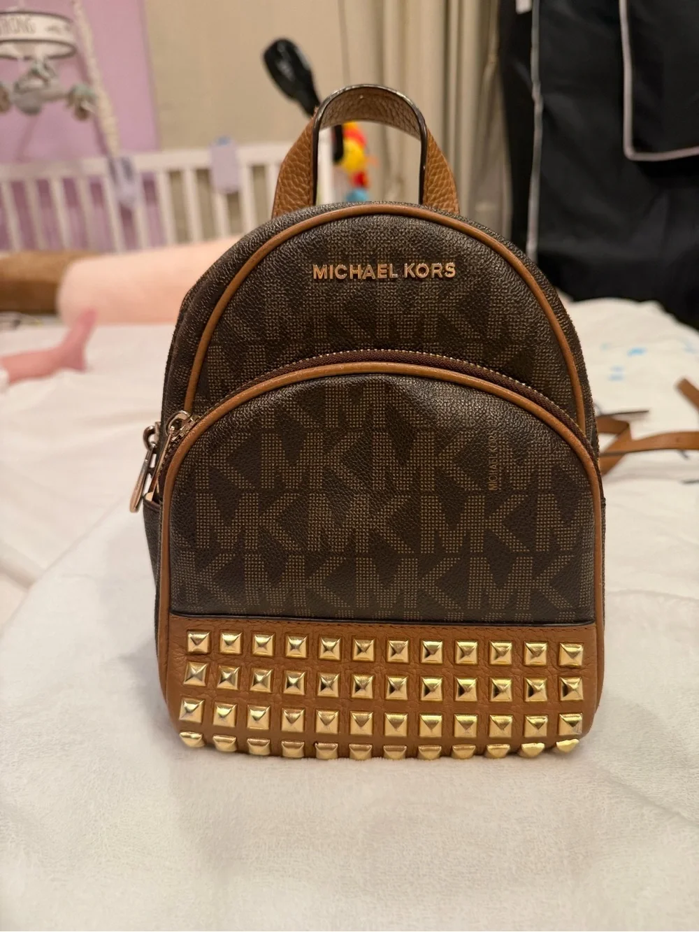 Michael Kors Brown and Tan MK Logo Mini Backpack